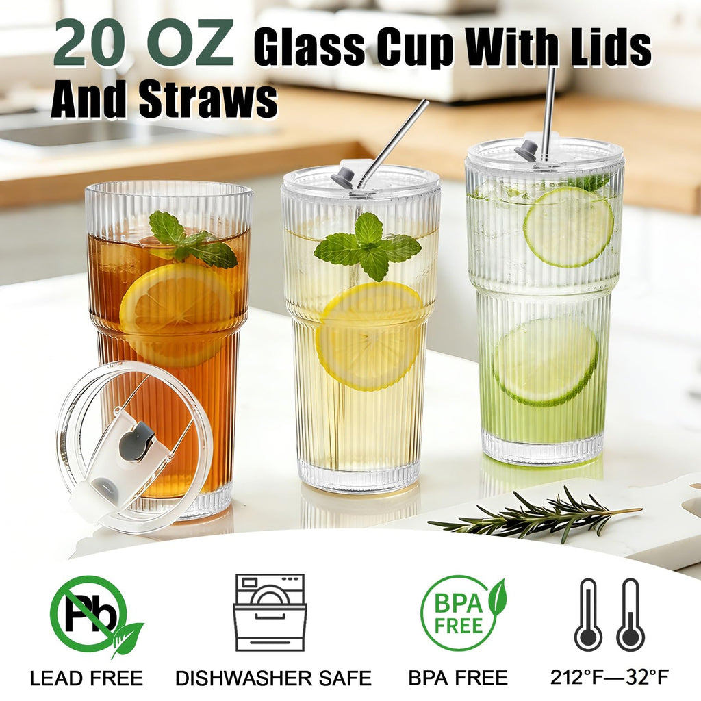 20 OZ Clear Ribbed Glass Cups with Lids and Straws 2 Pcs D804786