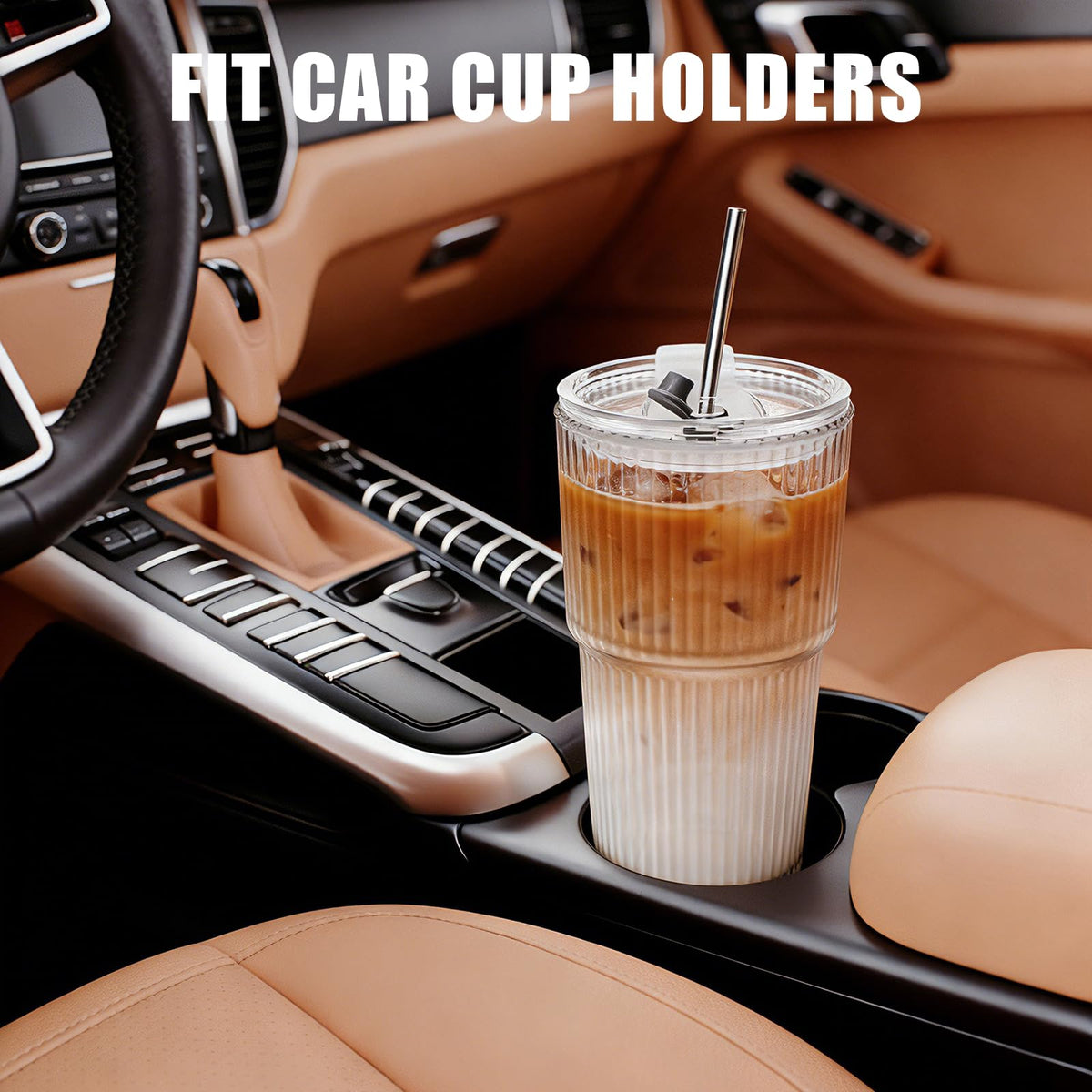 20 OZ Clear Ribbed Glass Cups with Lids and Straws 2 Pcs D804786
