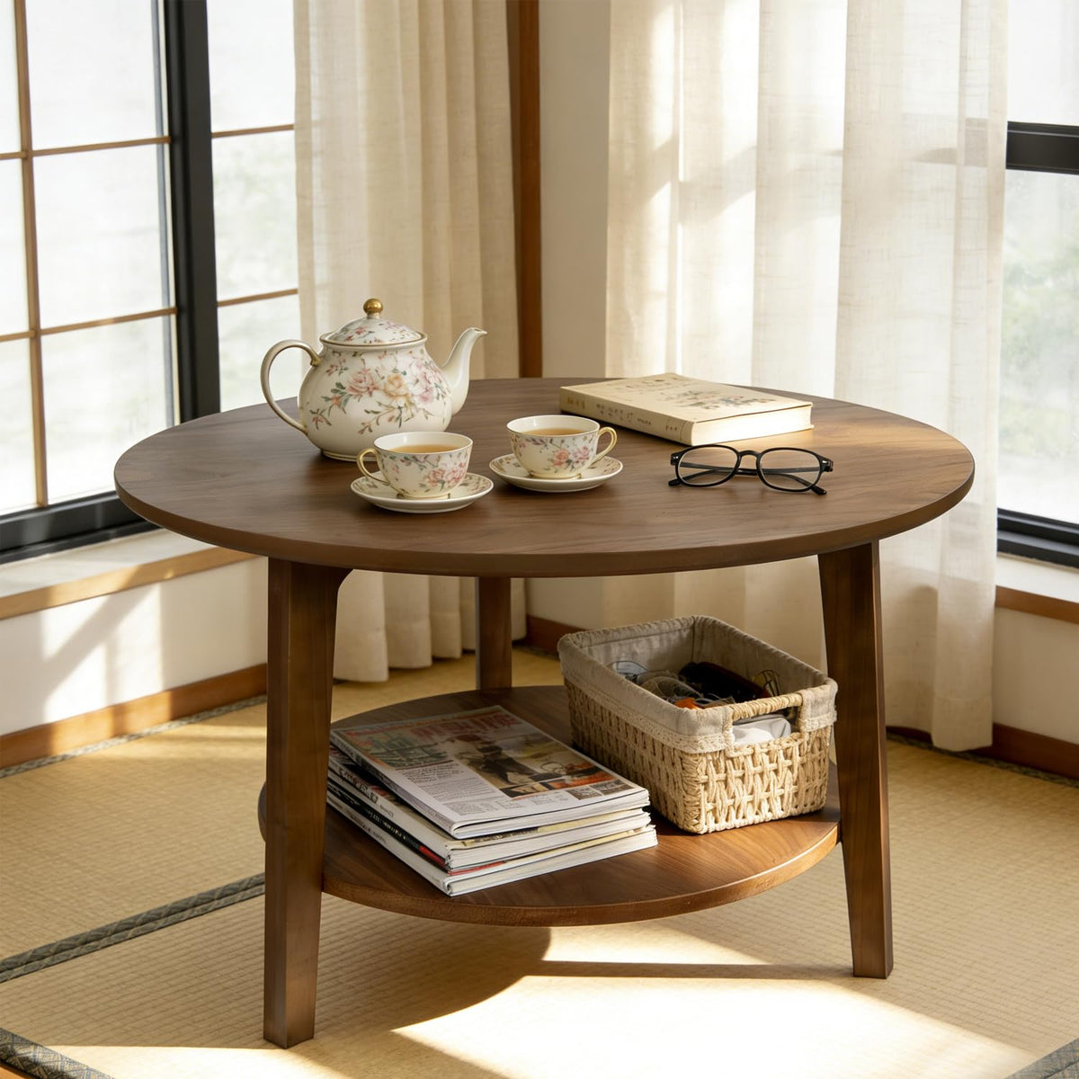 2-Tier Round Wood Coffee Table with Storage Shelf W5425