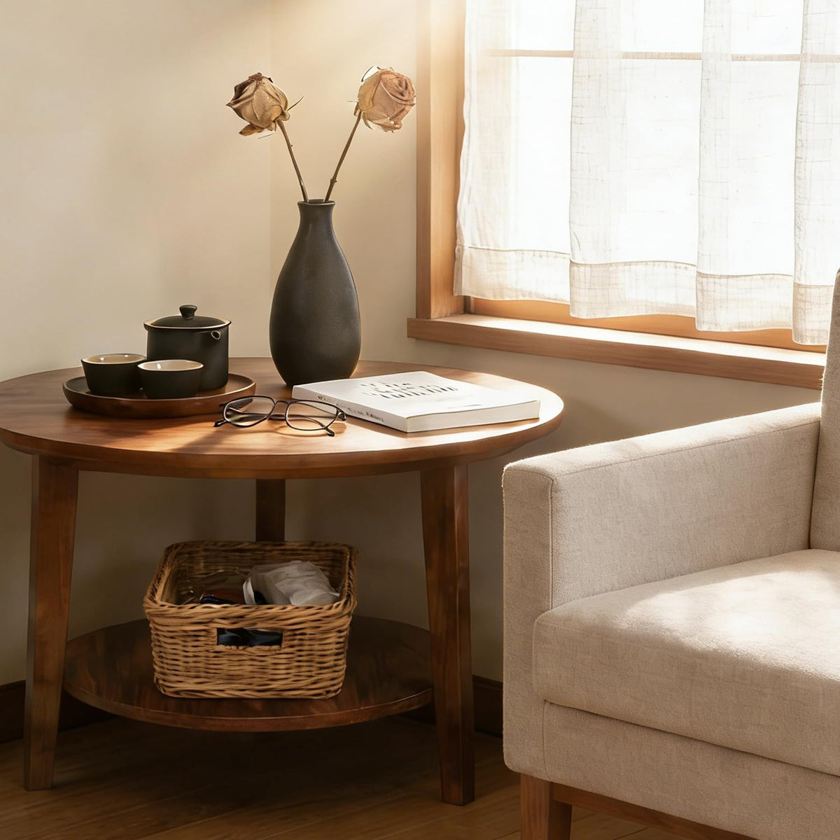 2-Tier Round Wood Coffee Table with Storage Shelf W5425