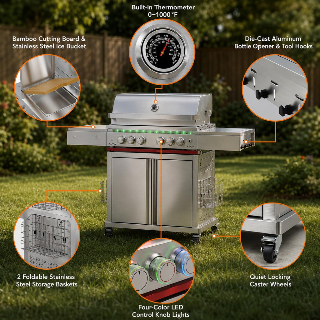 Heavy-duty SUS304 Stainless Steel 6-Burner Propane Gas Grill J861989