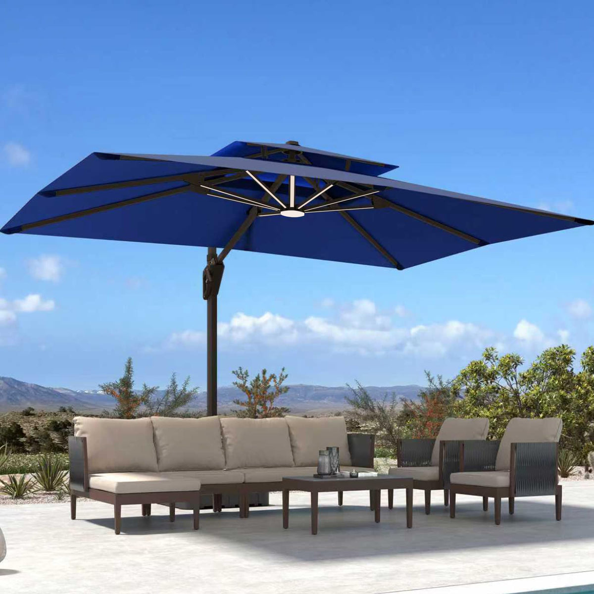 10' X 13' Patio Cantilever Umbrella with Base and LED Lights X909