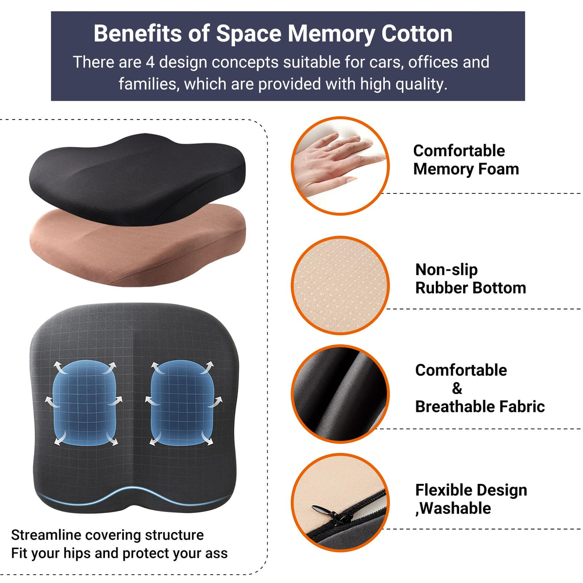 Black Memory Foam Car Seat Cushion V53452