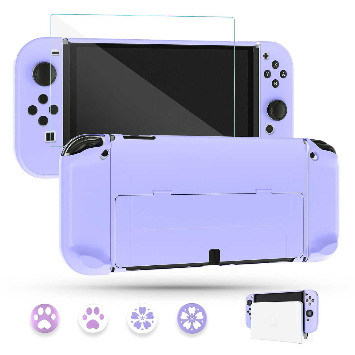 Purple Case for Nintendo Switch OLED Model with Screen Protector and 4 Thumb Grip Caps A57204
