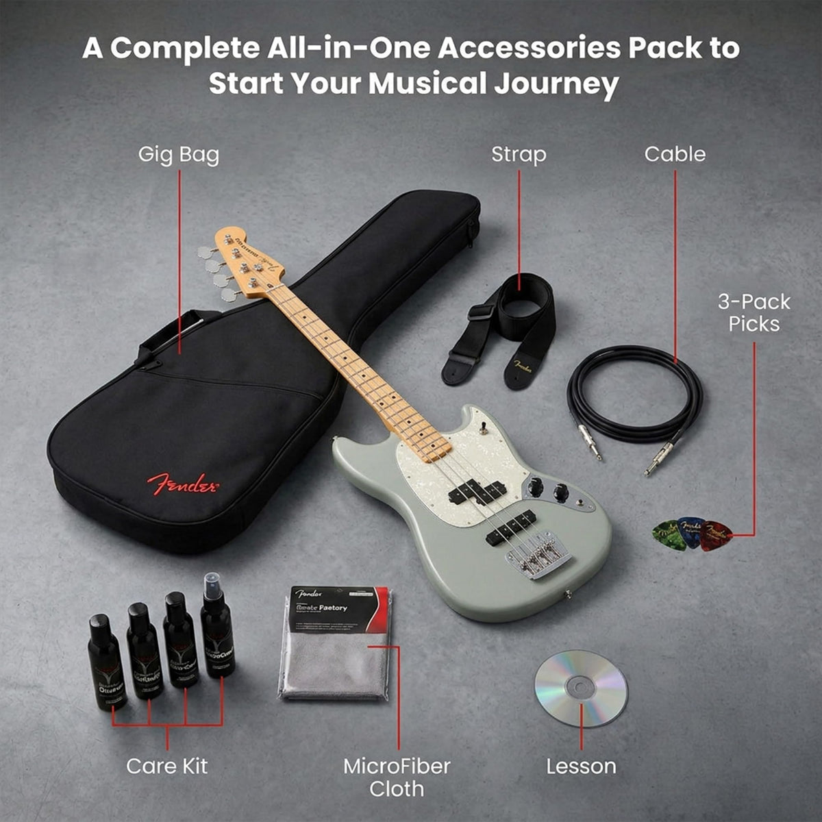 Cactus Gray Bass Guitar Bundle with Gig Bag I255