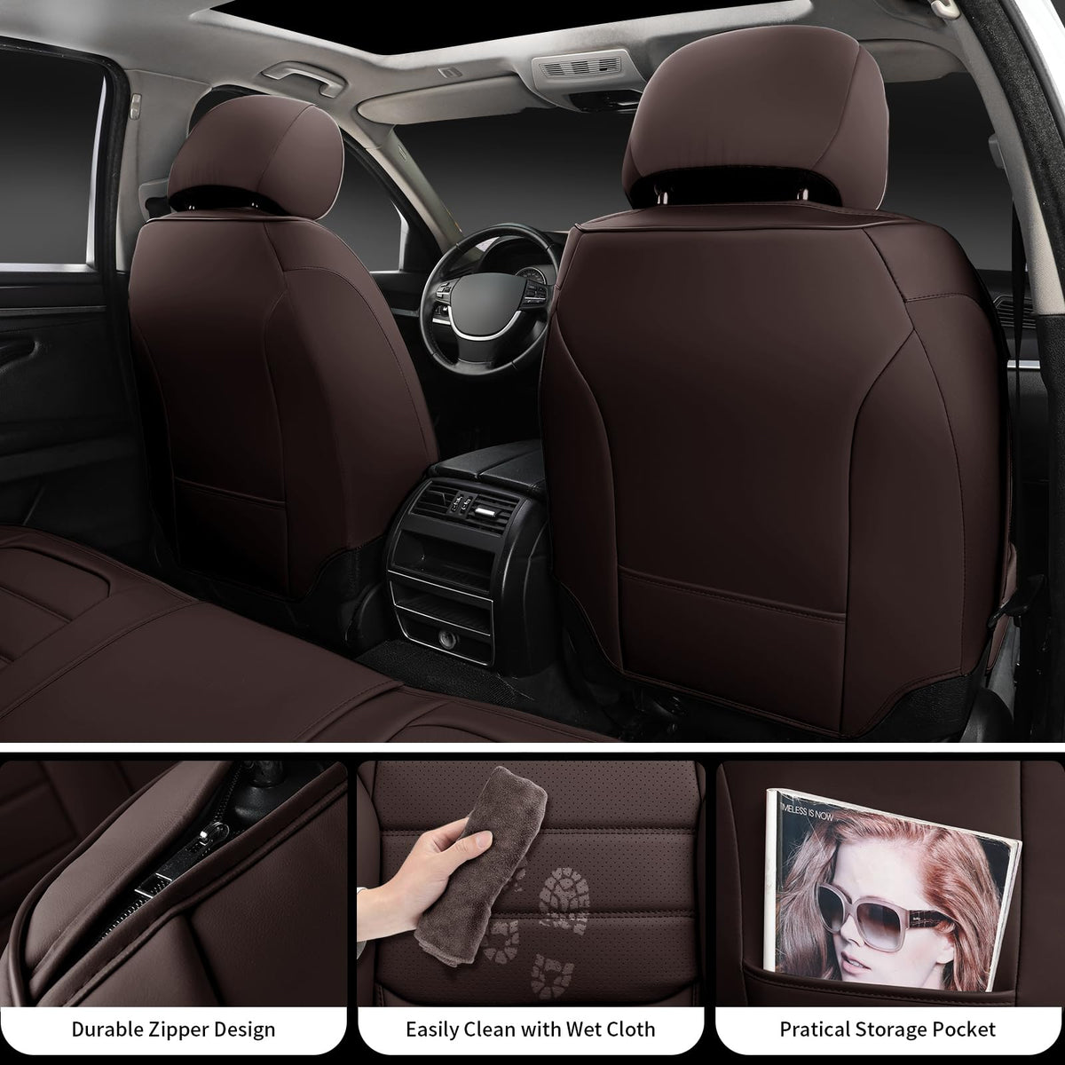 Brown Faux Leather Car Seat Covers Full Set T8767