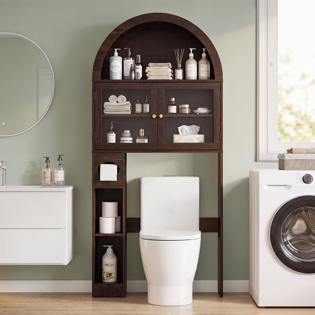Over the Toilet Storage Cabinet with Arched Top, 68" Tall, Dark Walnut N9484
