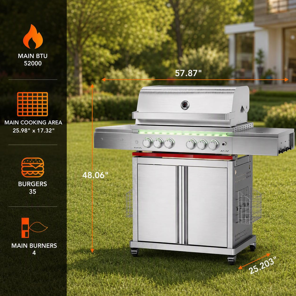 Heavy-duty SUS304 Stainless Steel 6-Burner Propane Gas Grill J861989