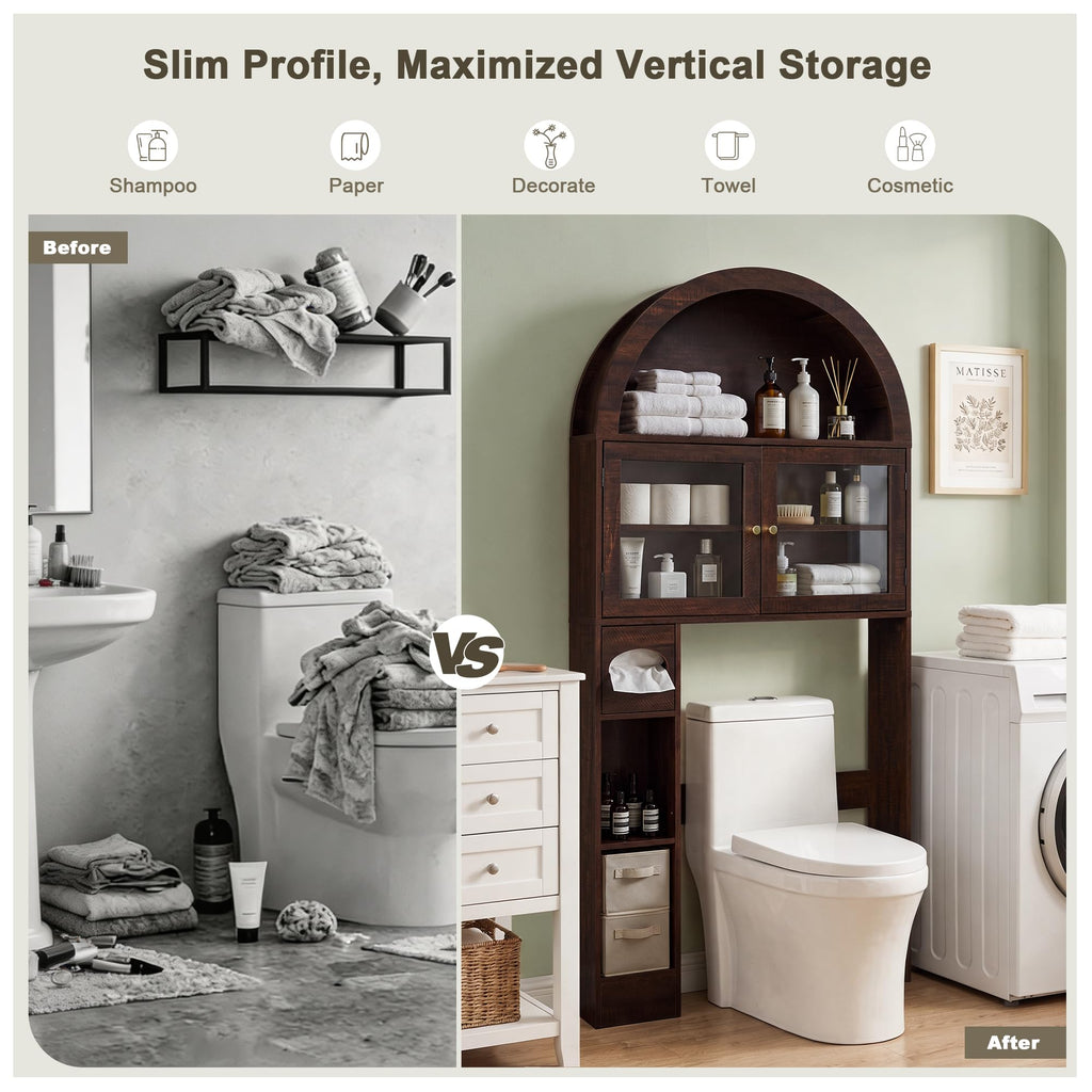 Over the Toilet Storage Cabinet with Arched Top, 68" Tall, Dark Walnut N9484