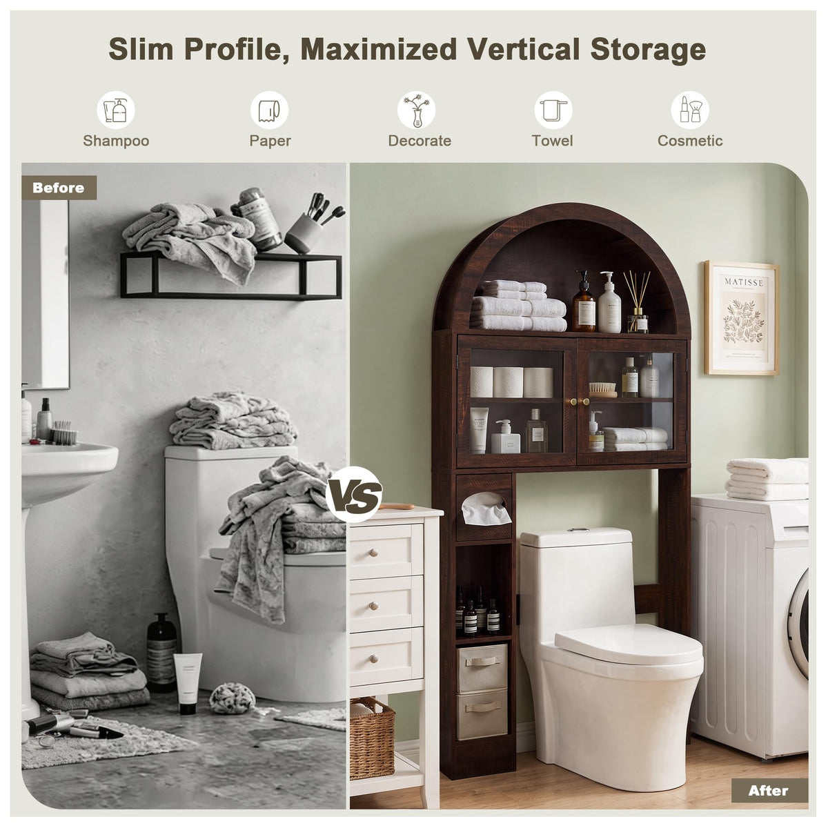 Over the Toilet Storage Cabinet with Arched Top, 68" Tall, Dark Walnut N9484