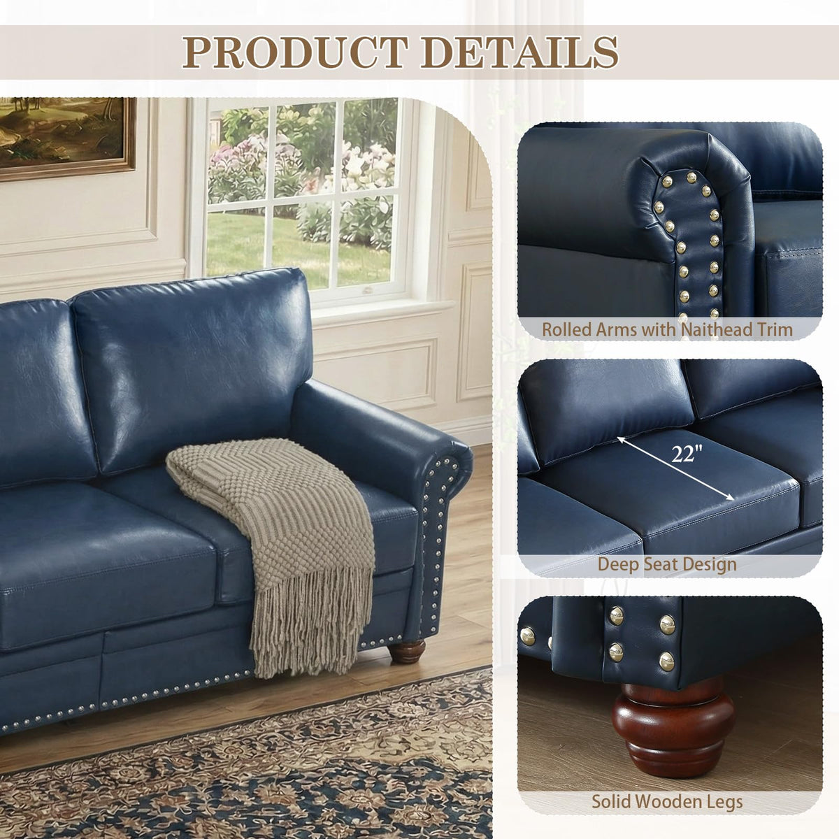 Navy Blue Faux Leather 2 Seater Sofa with Nailhead Trim J217