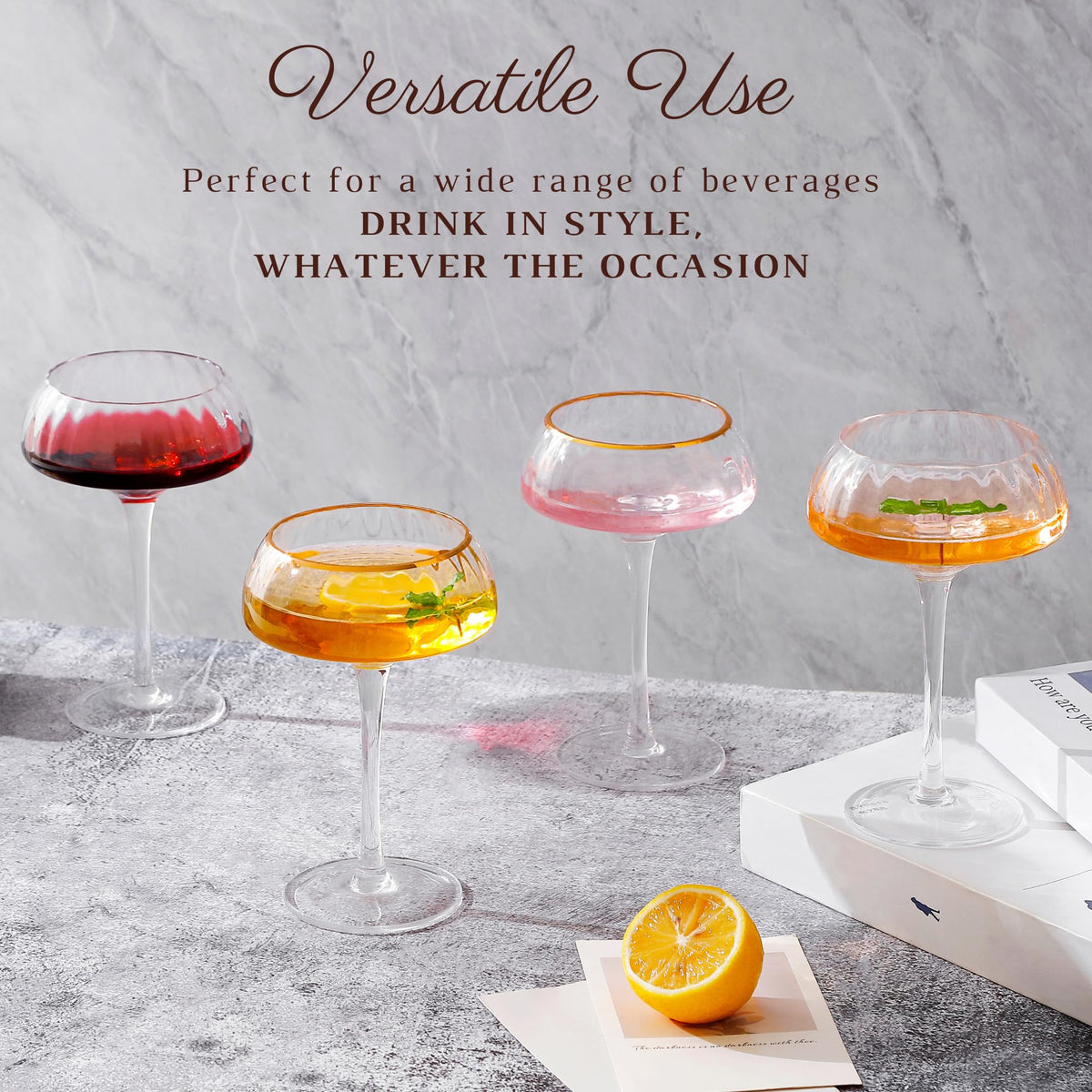 Coupe Glasses Set of 4 Hand Blown 8.45 oz Gold Rim W4473