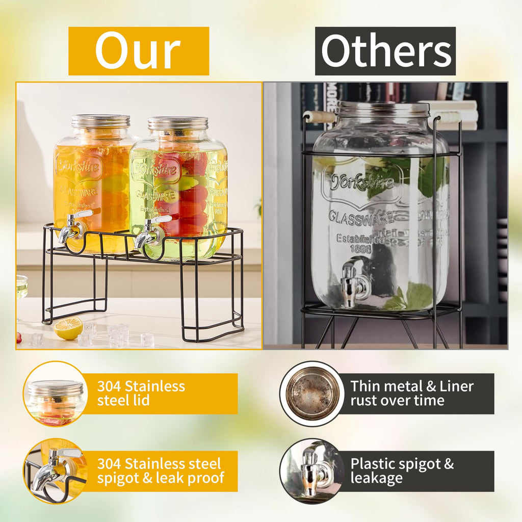 1 Gallon Glass Beverage Dispenser Set of 2 with Stand & Fruit Infuser V3334