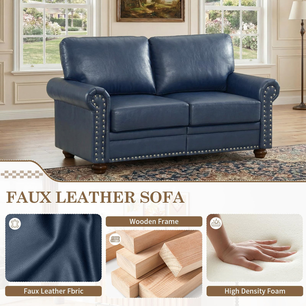 Navy Blue Faux Leather 2 Seater Sofa with Nailhead Trim J217