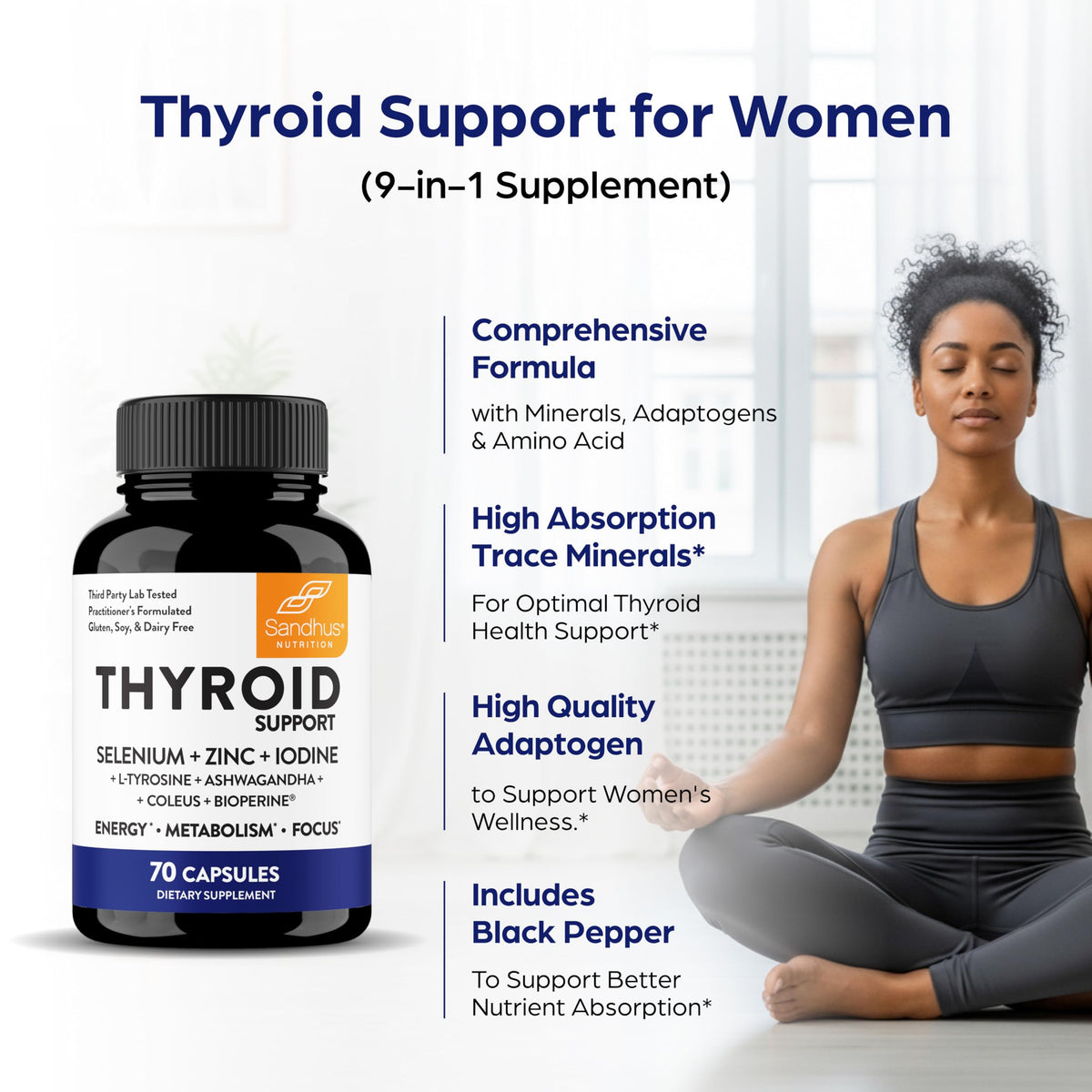 Thyroid Support with Selenium, Zinc, Iodine, L Tyrosine, Ashwagandha, 70 Count (Pack of 2) R269
