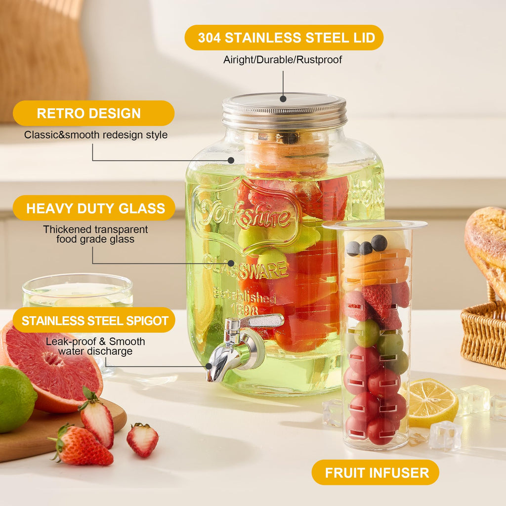 1 Gallon Glass Beverage Dispenser Set of 2 with Stand & Fruit Infuser V3334
