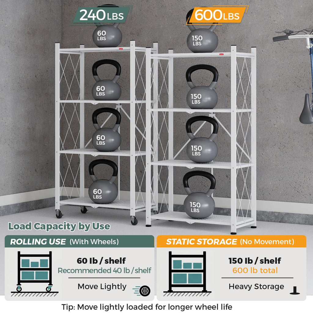 4 Tier White Metal Storage Shelves with Wheels D60205