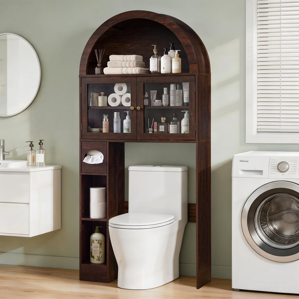 Over the Toilet Storage Cabinet with Arched Top, 68" Tall, Dark Walnut N9484