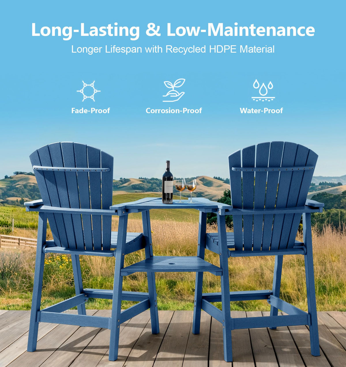 Tall Adirondack Chairs Set of 2, All-Weather HDPE Blue S93469