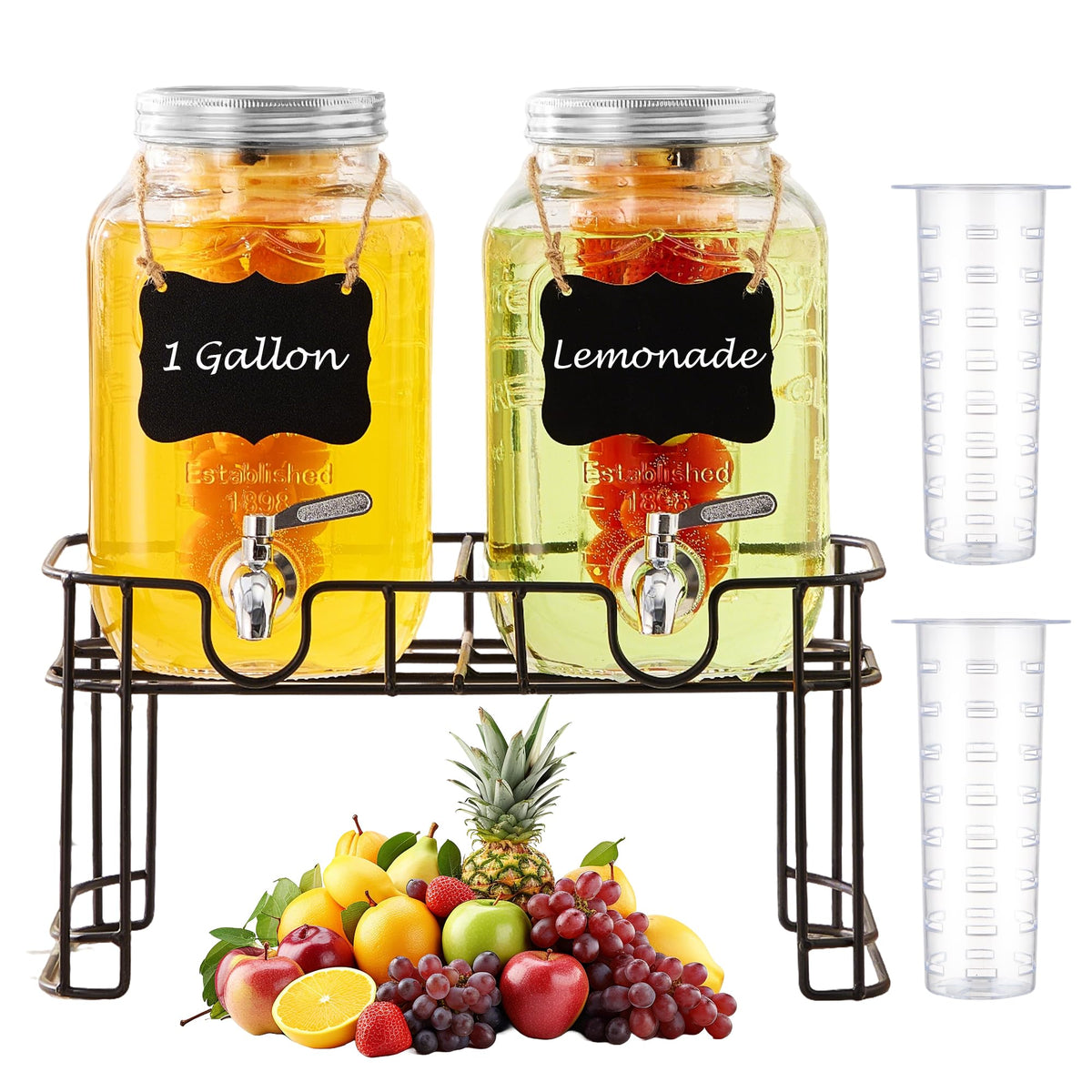 1 Gallon Glass Beverage Dispenser Set of 2 with Stand & Fruit Infuser V3334