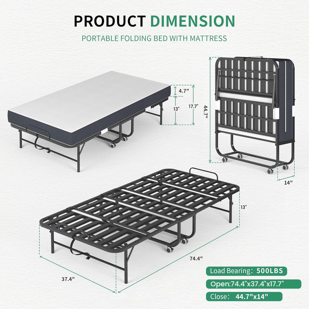 Folding Bed with Mattress, 5-Inch Memory Foam, 500lbs Capacity, Metal Frame V131656