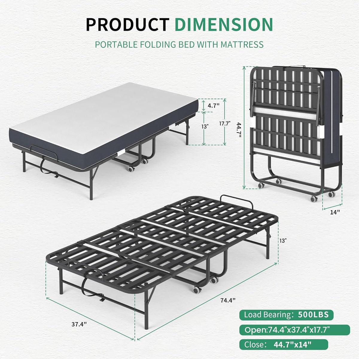 Folding Bed with Mattress, 5-Inch Memory Foam, 500lbs Capacity, Metal Frame V131656
