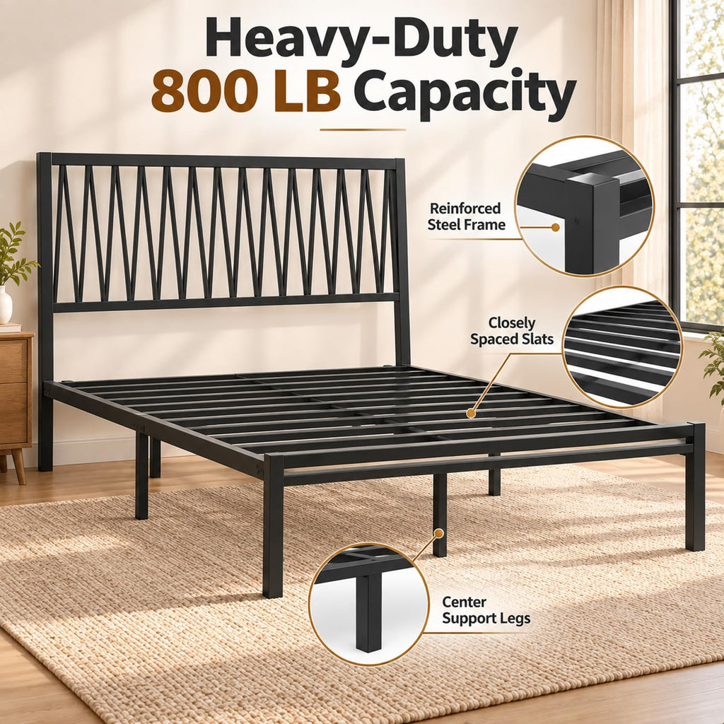 Black Metal Queen Bed Frame with Geometric Headboard Q727612