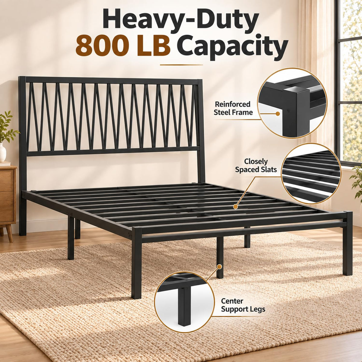 Black Metal Queen Bed Frame with Geometric Headboard Q727612