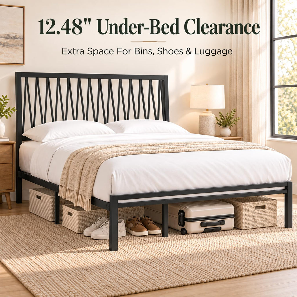 Black Metal Queen Bed Frame with Geometric Headboard Q727612