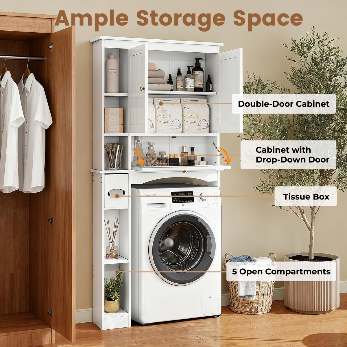 Over The Toilet Storage Cabinet with Doors and Adjustable Shelf, White Y9759