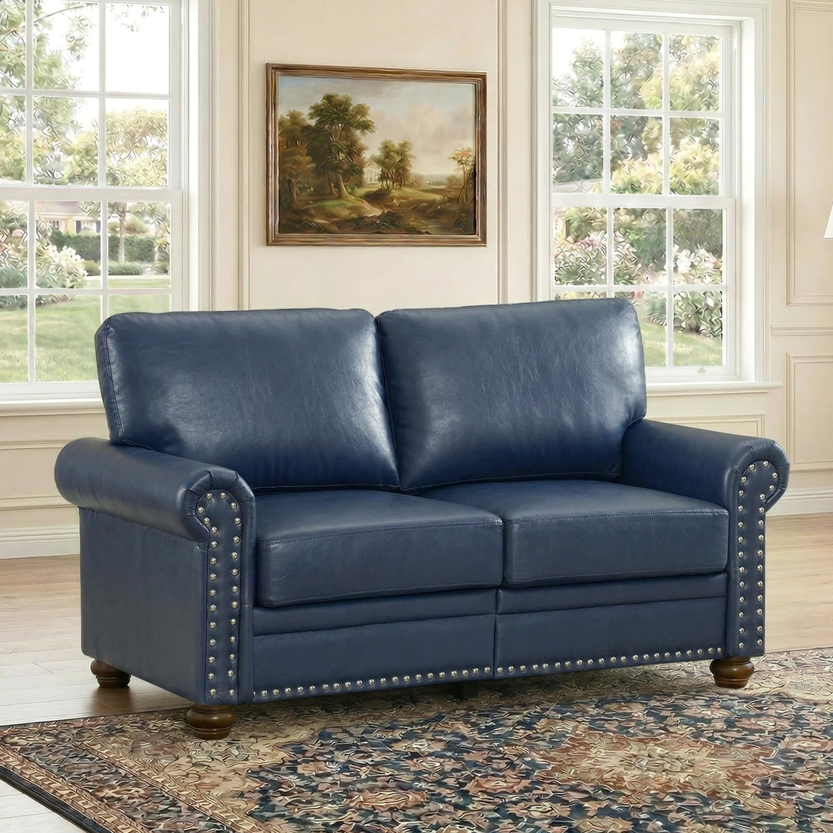 Navy Blue Faux Leather 2 Seater Sofa with Nailhead Trim J217