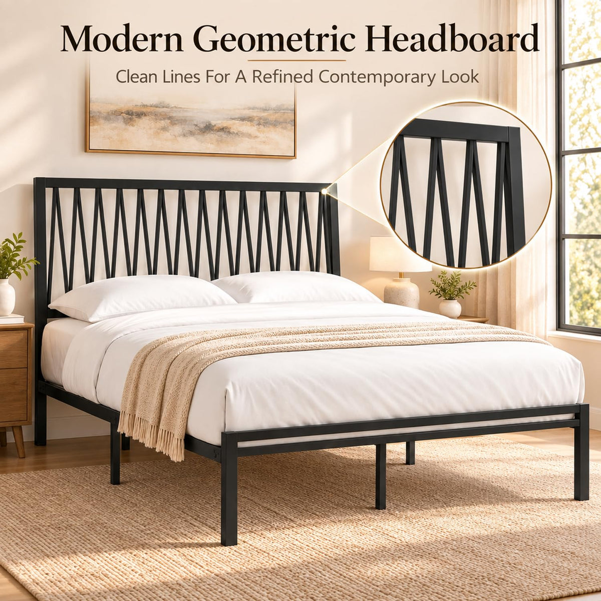 Black Metal Queen Bed Frame with Geometric Headboard Q727612