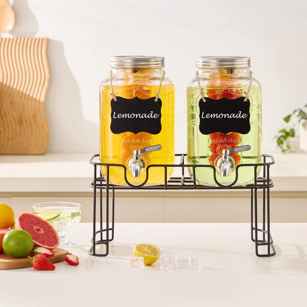 1 Gallon Glass Beverage Dispenser Set of 2 with Stand & Fruit Infuser V3334