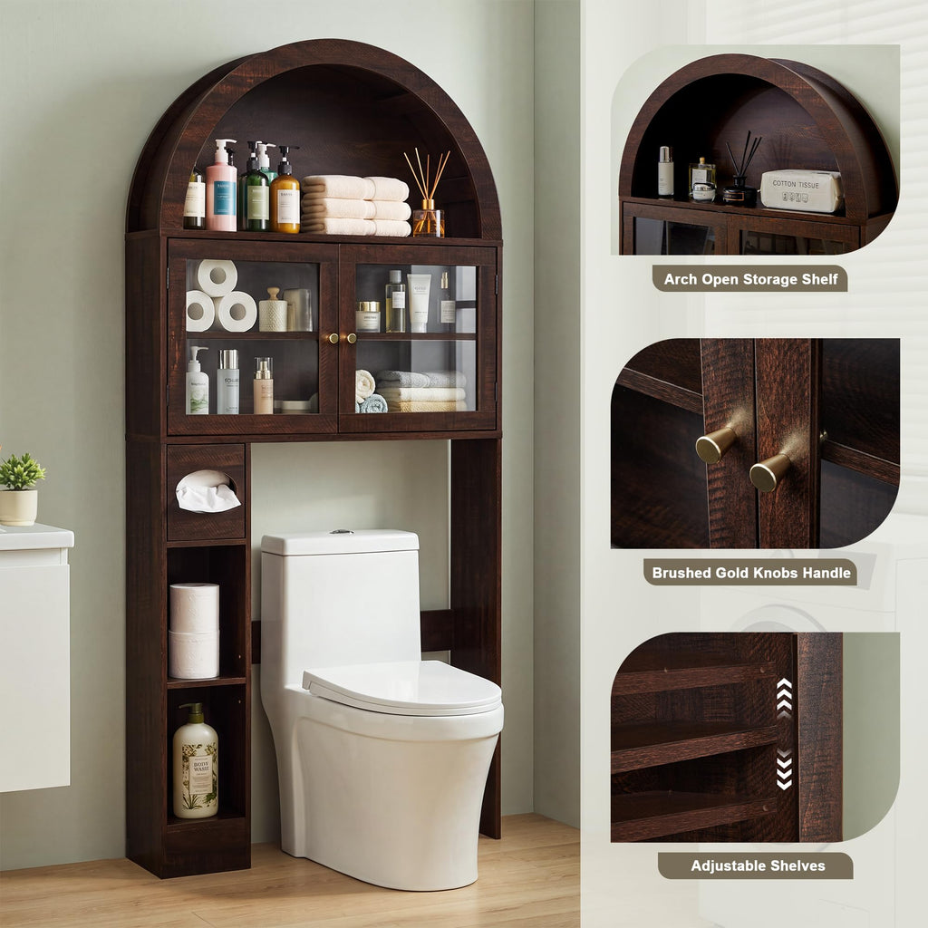 Over the Toilet Storage Cabinet with Arched Top, 68" Tall, Dark Walnut N9484
