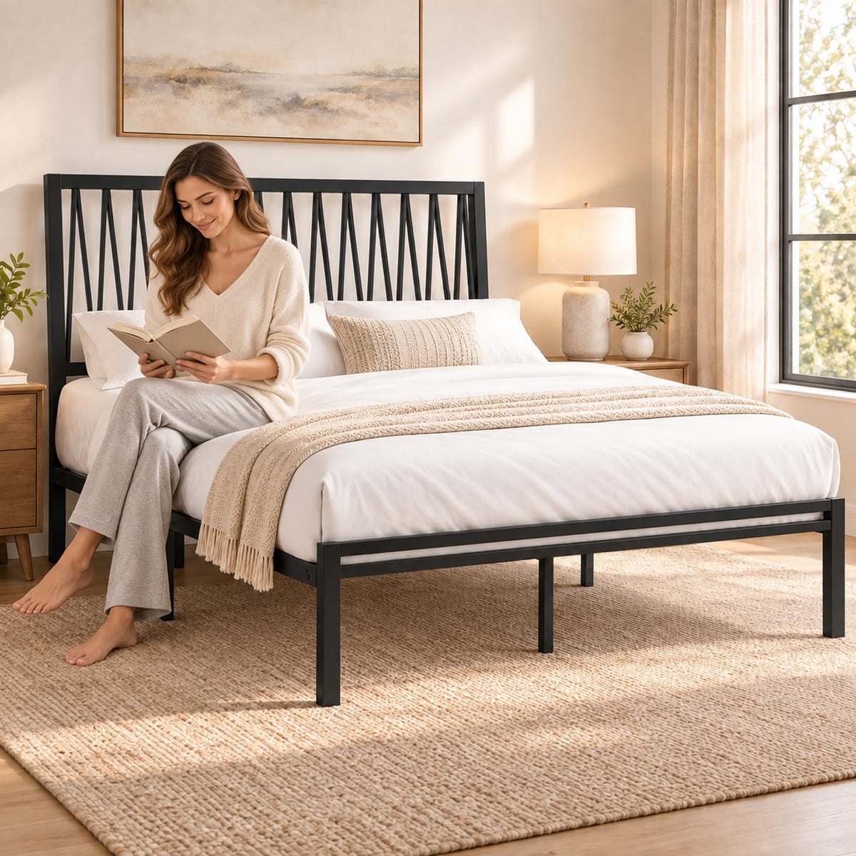 Black Metal Queen Bed Frame with Geometric Headboard Q727612