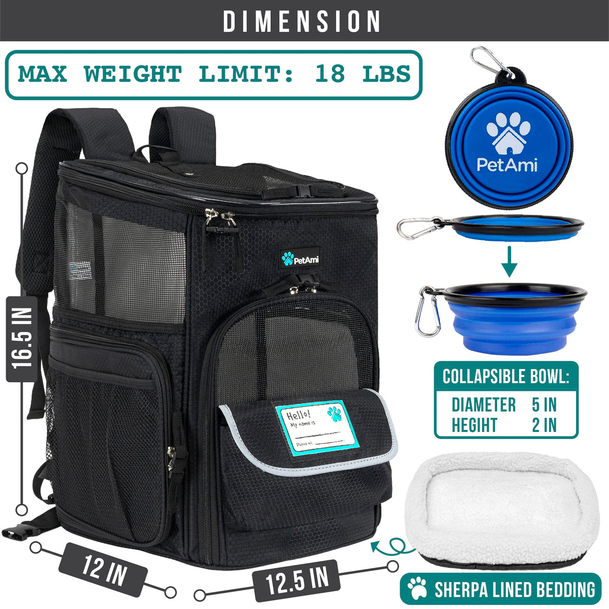 Dog Backpack Carrier, Airline Approved 4-Way Entry Cat Bag, Black B8902