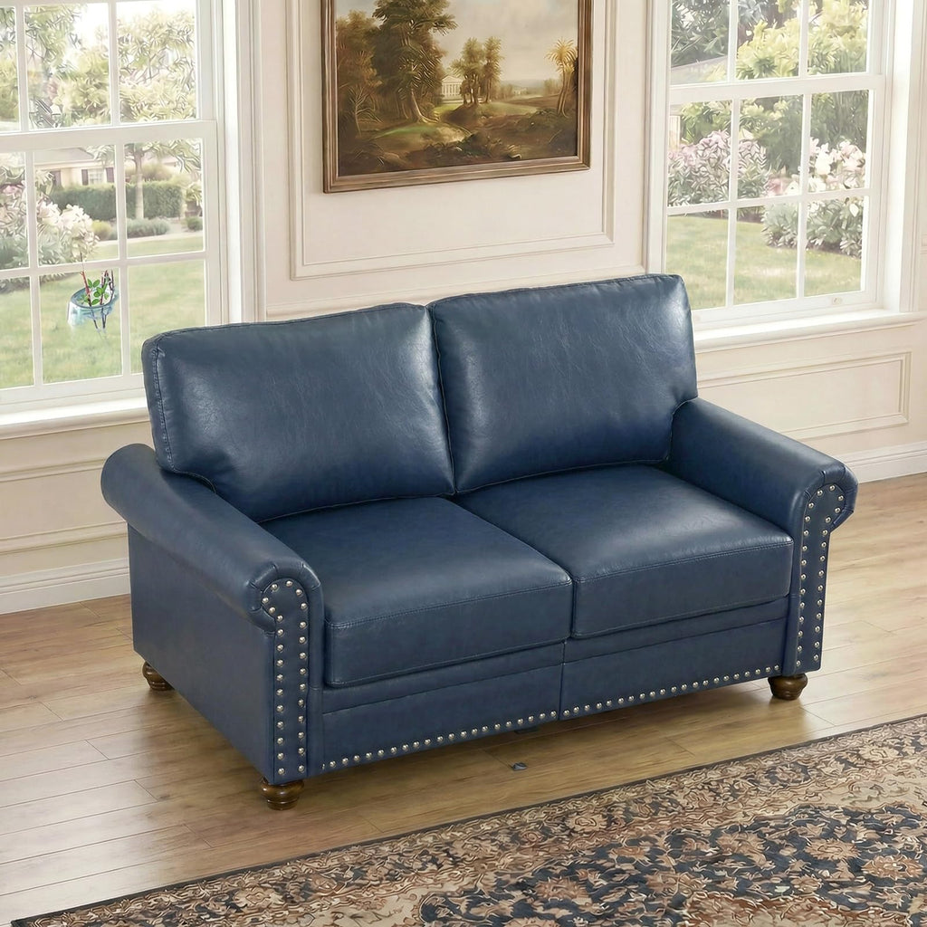 Navy Blue Faux Leather 2 Seater Sofa with Nailhead Trim J217