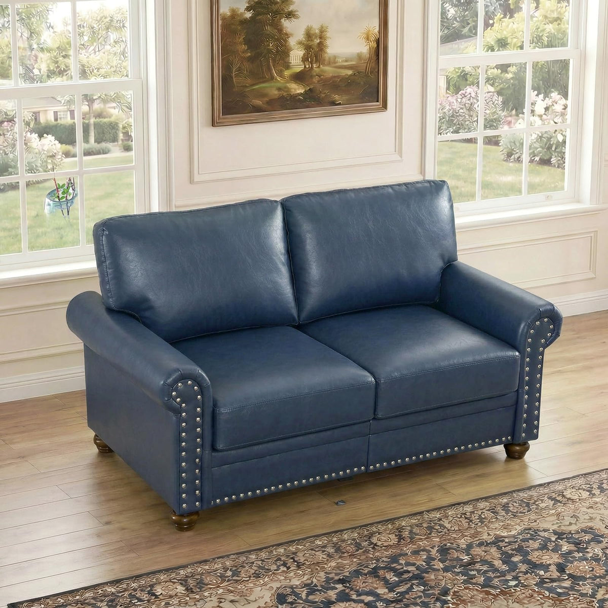Navy Blue Faux Leather 2 Seater Sofa with Nailhead Trim J217