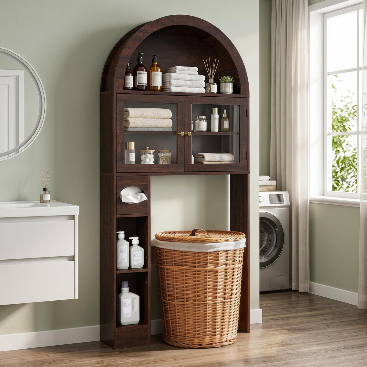 Over the Toilet Storage Cabinet with Arched Top, 68" Tall, Dark Walnut N9484