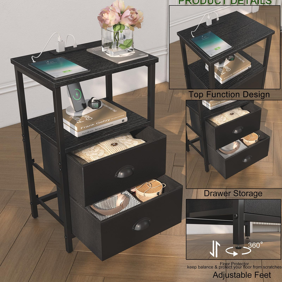 Black Nightstand with Charging Station and 2 Fabric Drawers V689