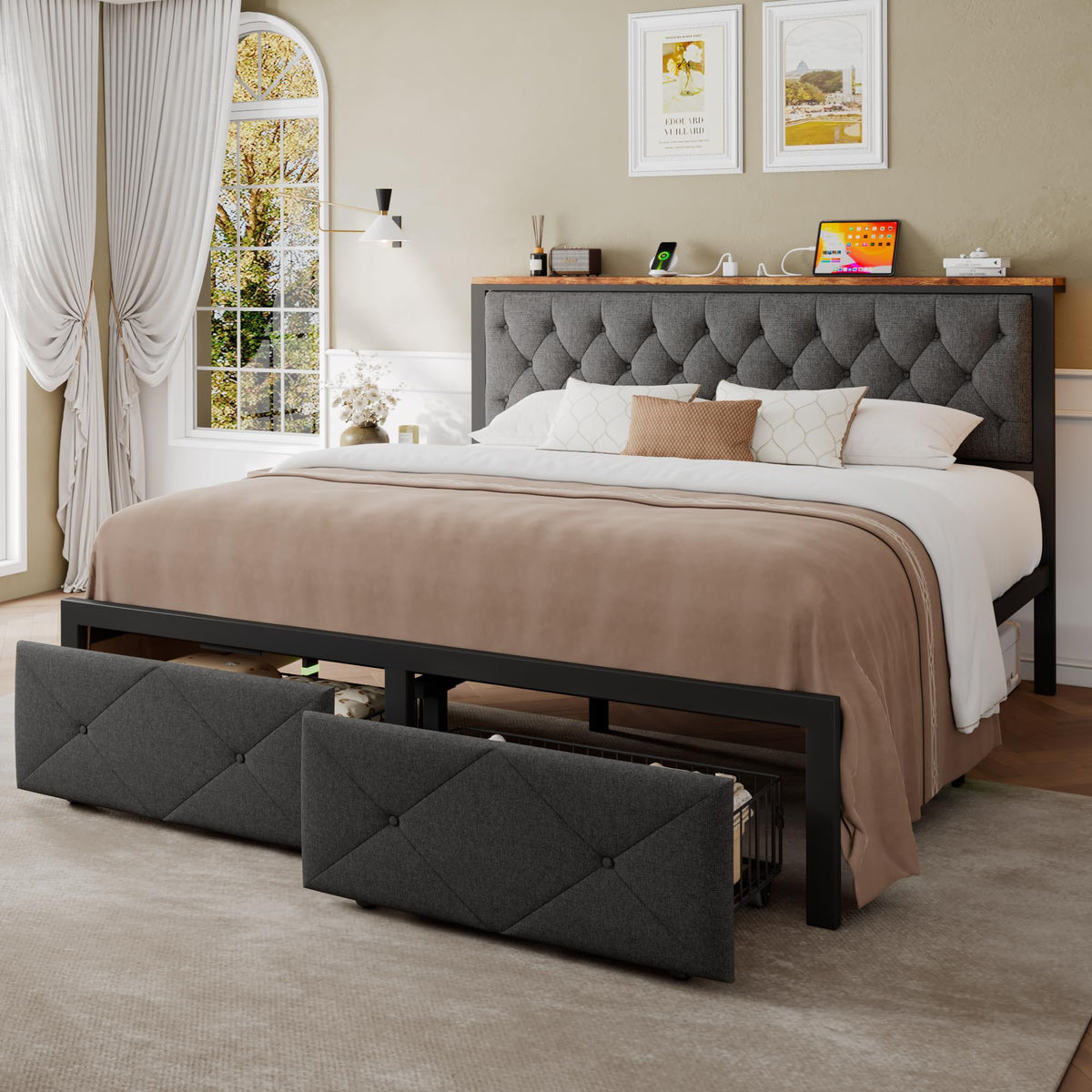 King Size Metal Platform Bed Frame with 2 Storage Drawers S24401