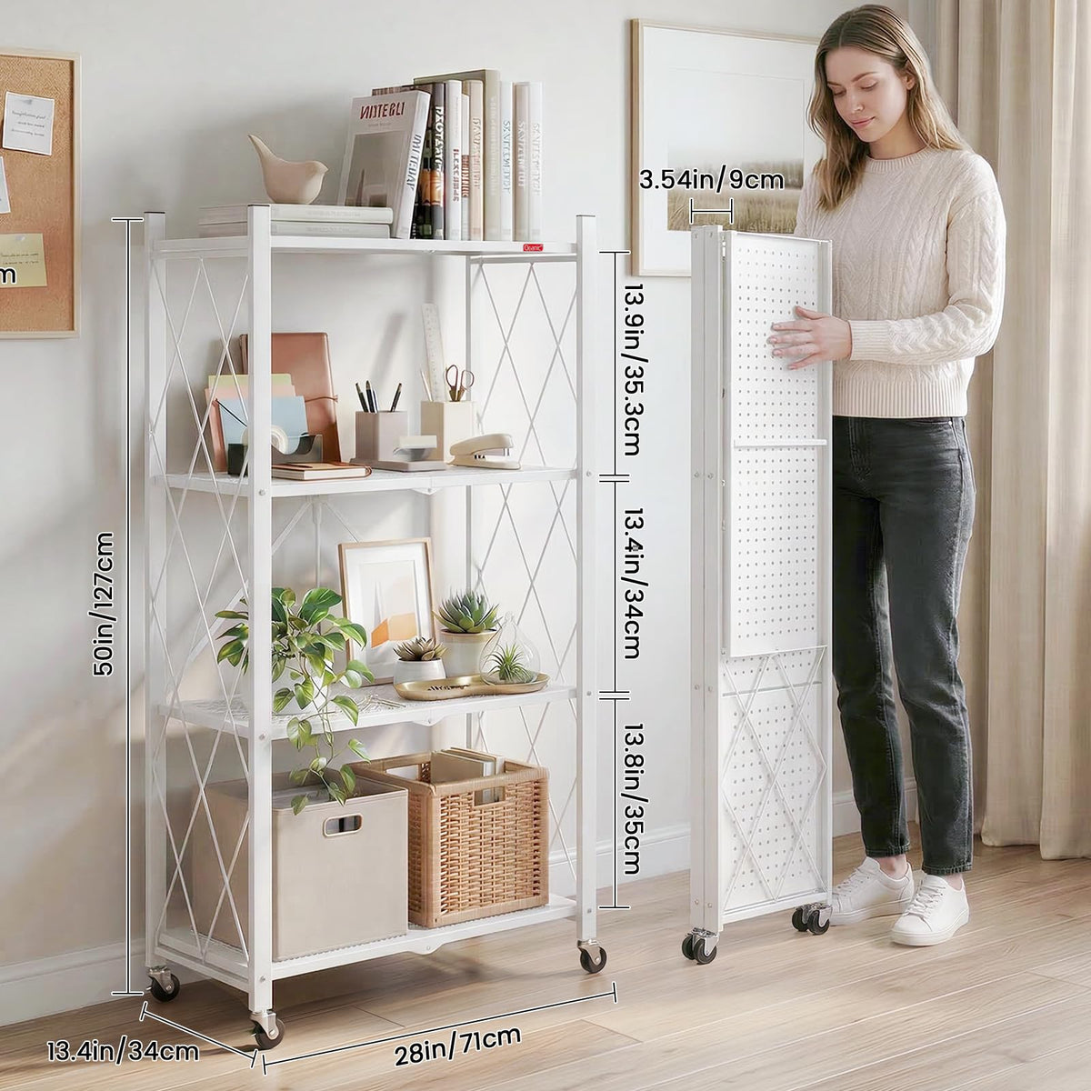 4 Tier White Metal Storage Shelves with Wheels D60205