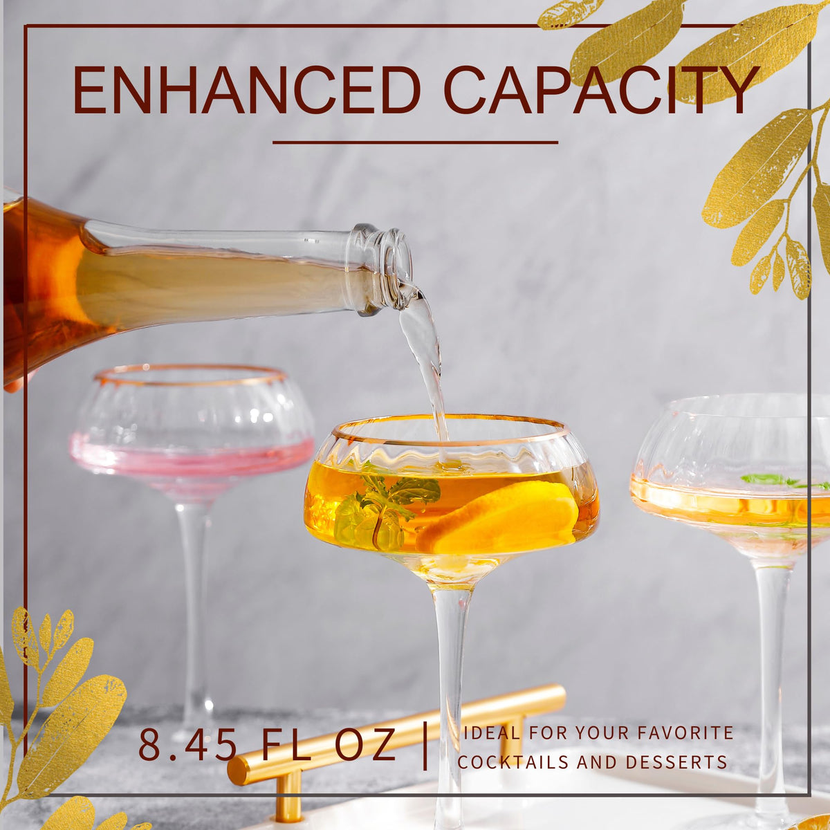 Coupe Glasses Set of 4 Hand Blown 8.45 oz Gold Rim W4473