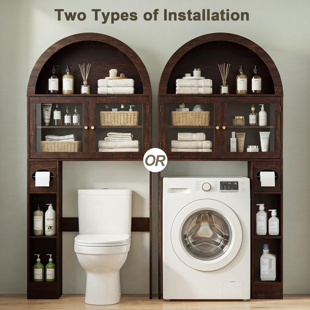 Over the Toilet Storage Cabinet with Arched Top, 68" Tall, Dark Walnut N9484