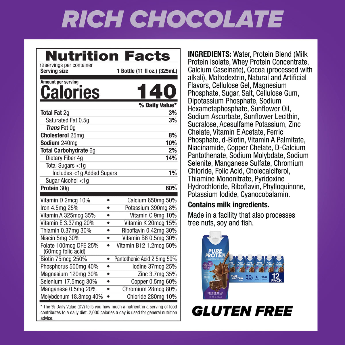 Chocolate and Vanilla Protein Shakes, 30g Protein, 11oz, 12 Pack M2990