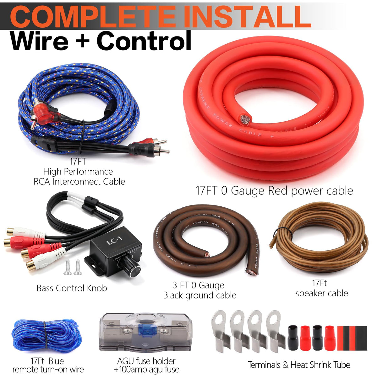 0 Gauge Car Audio Amp Wiring Kit 3000W with Bass Knob T623
