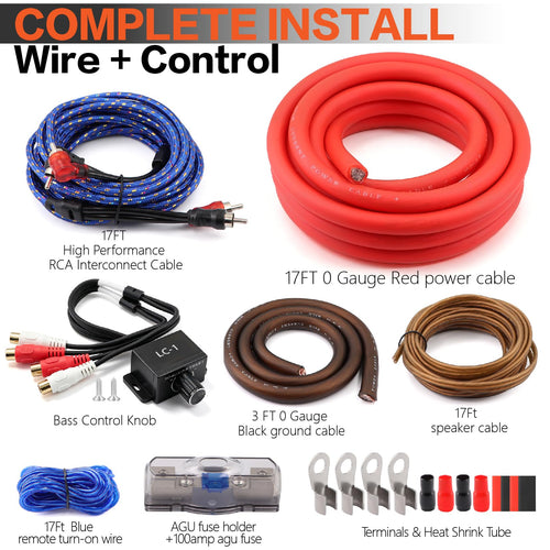 0 Gauge Car Audio Amp Wiring Kit 3000W with Bass Knob T623
