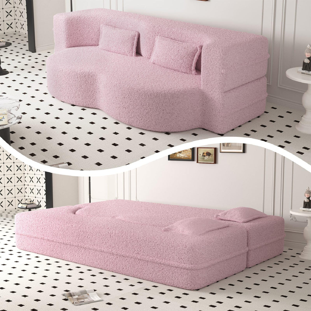 Pink Full Size Sherpa Futon Sofa Bed Q605438