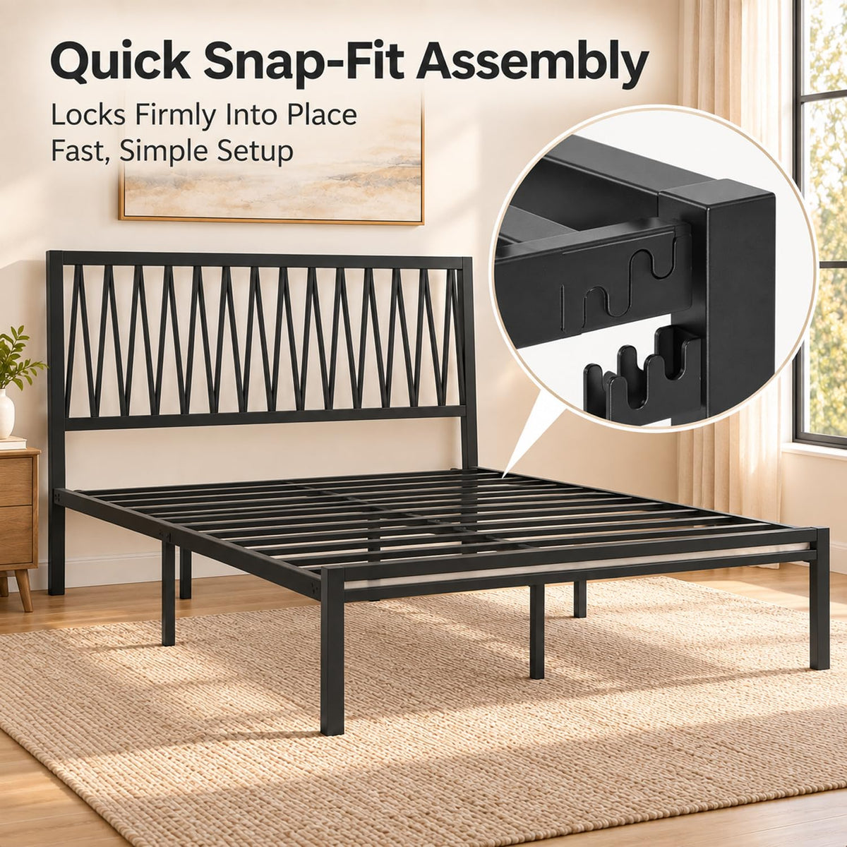 Black Metal Queen Bed Frame with Geometric Headboard Q727612