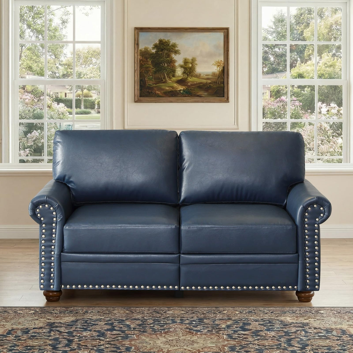 Navy Blue Faux Leather 2 Seater Sofa with Nailhead Trim J217